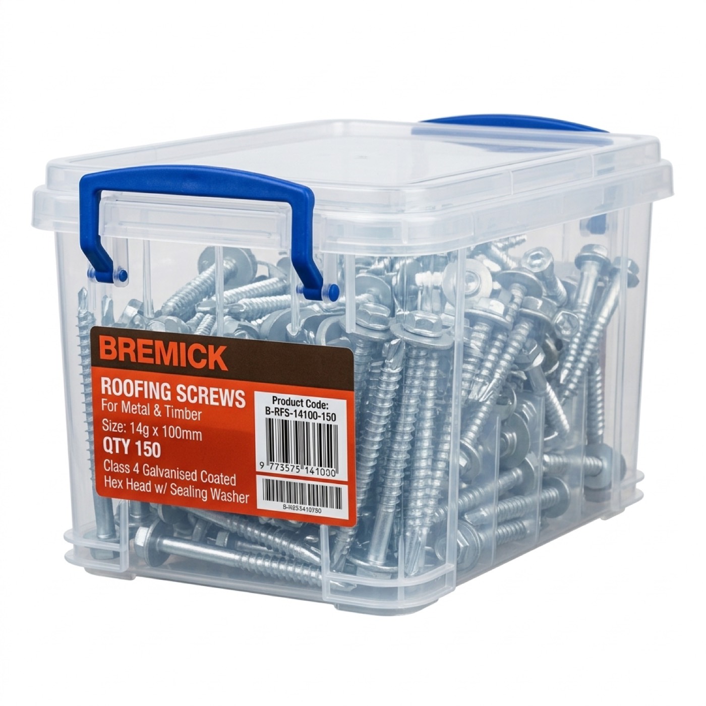 Bremick roofing screws in a box, hex head with sealing washer