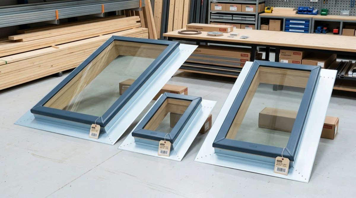 Cutaway diagram of the VELUX base flashing kit showing the Colorbond flashing, treated pine reveal and screw fixing